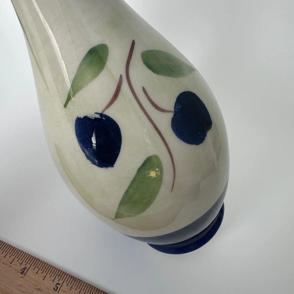 Ceramica AM Italy Hand Decorated Olive Branch Ceramic Vase Blue Cream 10 Inch